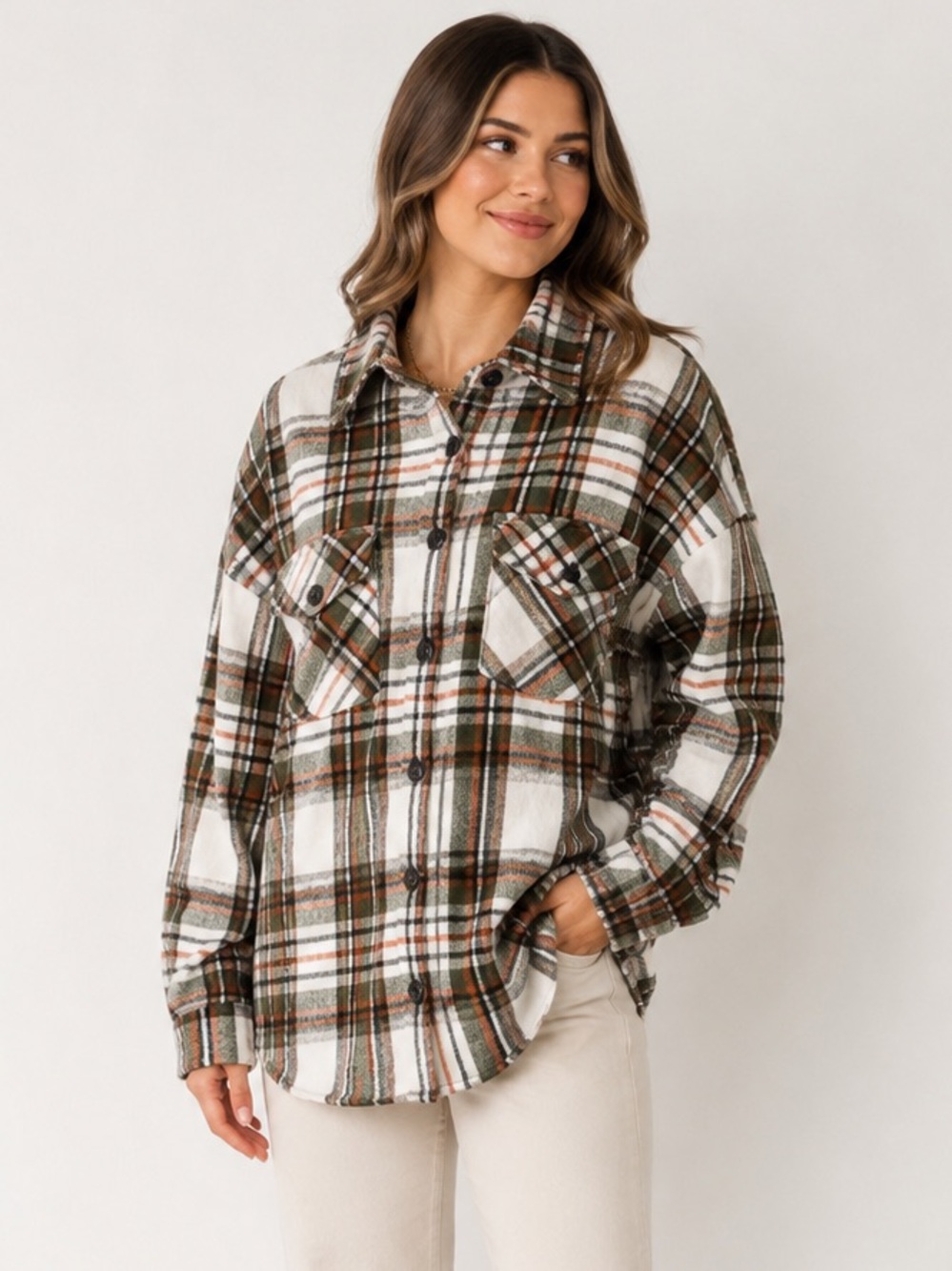 Baltic Born Plaid Shacket Women’s XL Cream Olive Brown Oversized Shirt Jacket